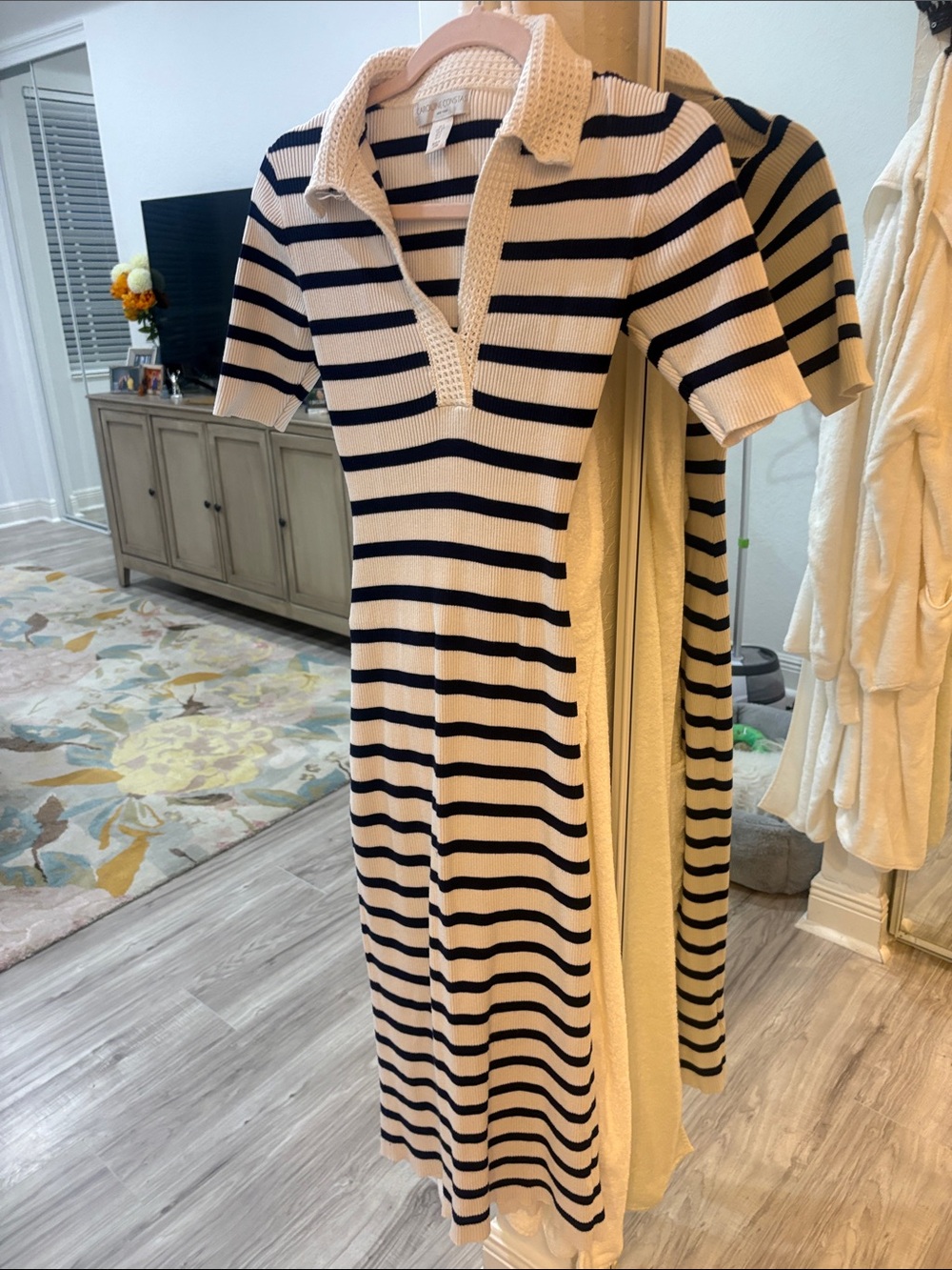 Striped Polo Knit Dress - Cream & Black